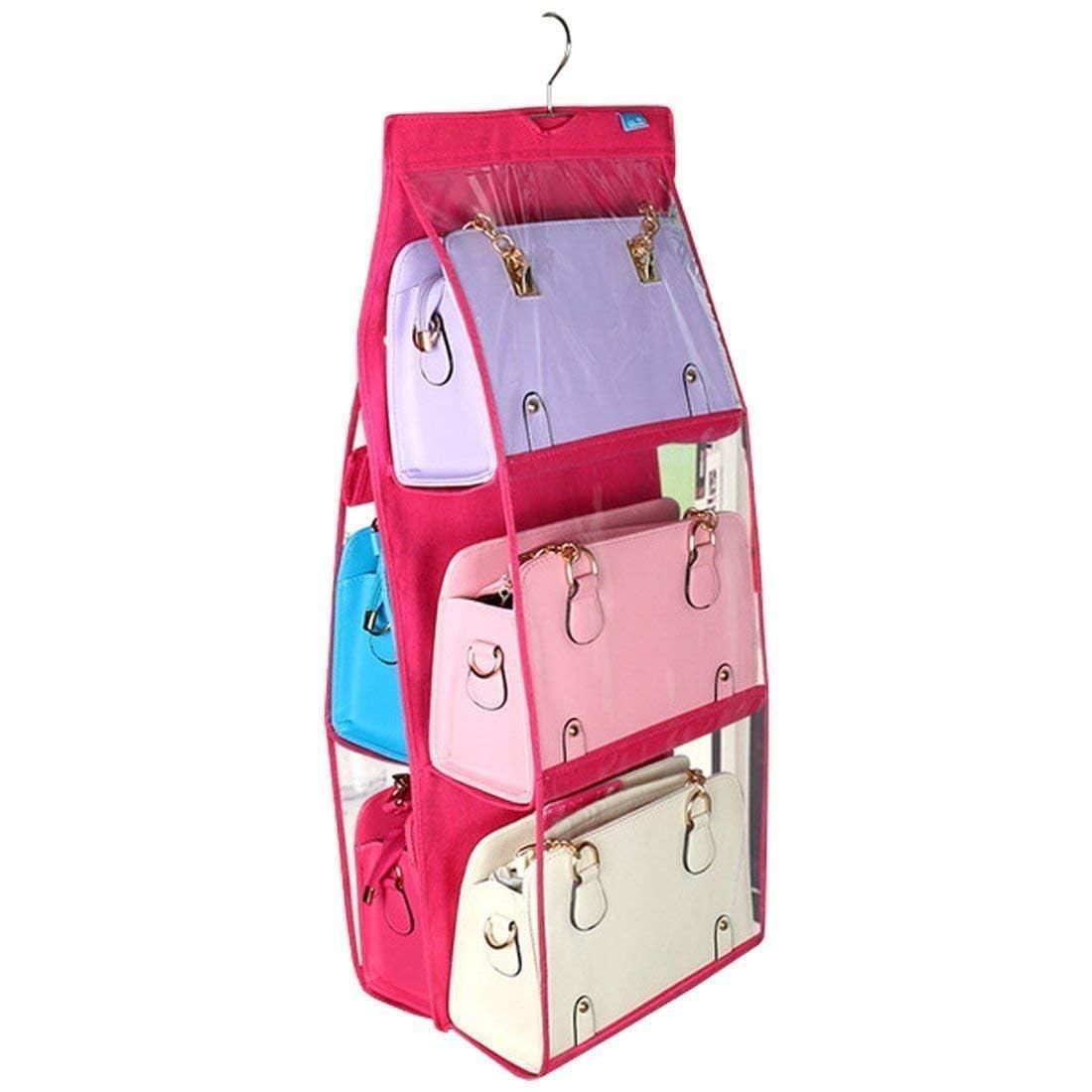 6 Pocket PVC Storage Bag Organizer Hanging Bags Closet Fashion Handbag Purse Pouch